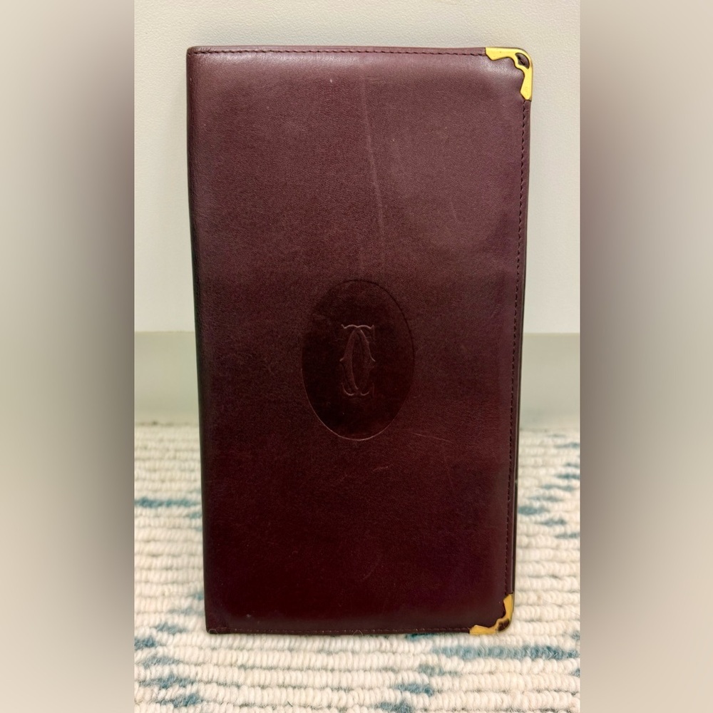 CARTIER Vintage Unisex Must de Cartier Bordeaux Calfskin Long Slim Wallet W Gold